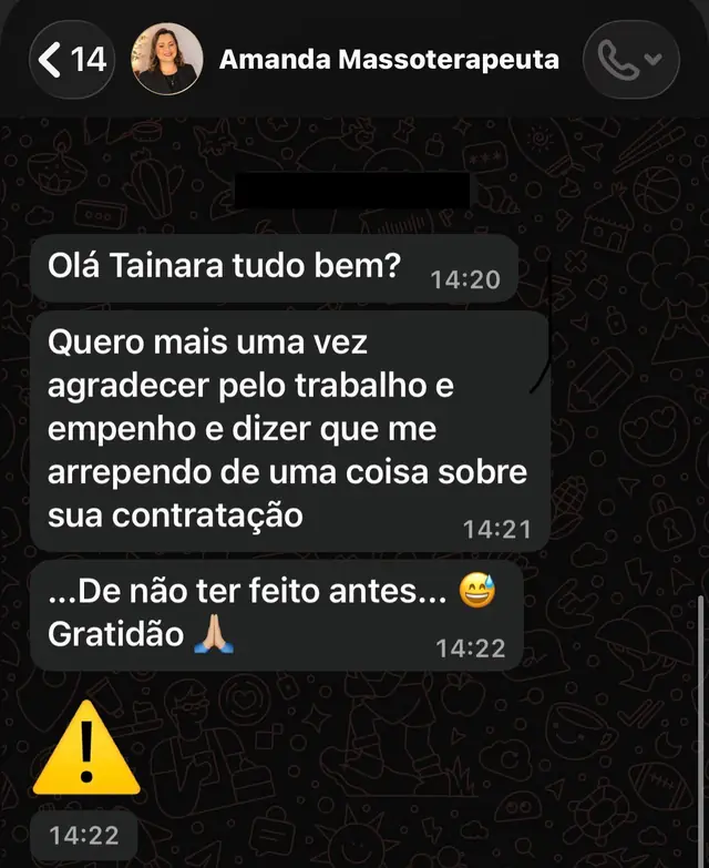 Mensagem de cliente dizendo que se arrepende de não ter contratado antes